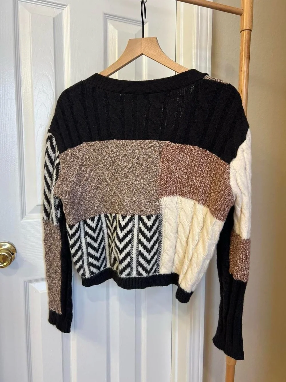 NVLT Black Patchwork Cable-Knit V-Neck Cardigan with Cream & Brown Panels